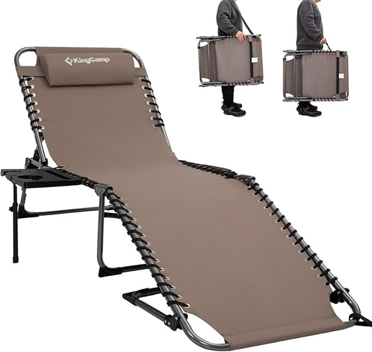 KingCamp Folding Chaise Lounge Chair for Outside Beach, Sunbathing, Patio, Pool, Lawn, Deck, Lay Flat Camping Reclining Lounge Chair with Pillow & Side Table （1 Pack, Beige）