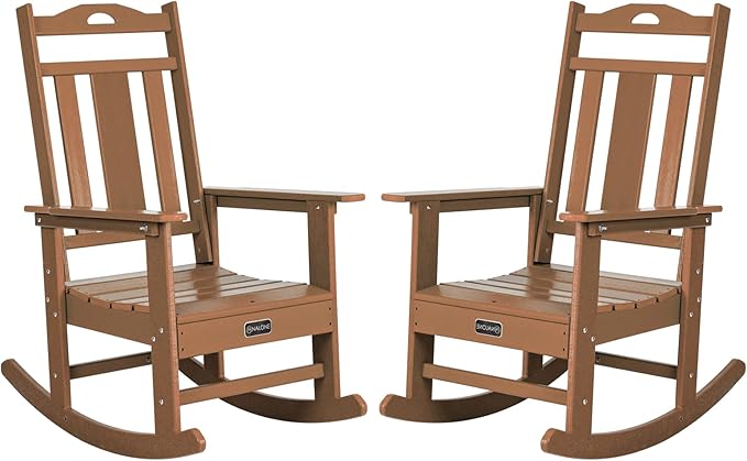 nalone Outdoor Rocking Chairs Set of 2, Oversized Porch Rocker Chair for Adult, All-Weather Resistant Patio Rocking Chair for Garden Lawn(Teak)