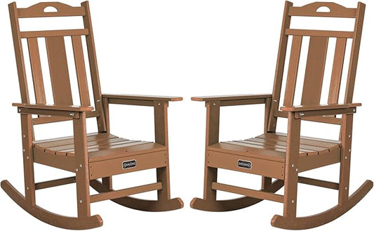 nalone Outdoor Rocking Chairs Set of 2, Oversized Porch Rocker Chair for Adult, All-Weather Resistant Patio Rocking Chair for Garden Lawn(Teak)
