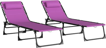 Outsunny Folding Chaise Lounge Chair Set of 2, Patio Sun Tanning Chair, Outdoor Chaise Lounger with 4-Position Reclining Back, Breathable Mesh Seat for Beach, Poolside, Yard, Purple