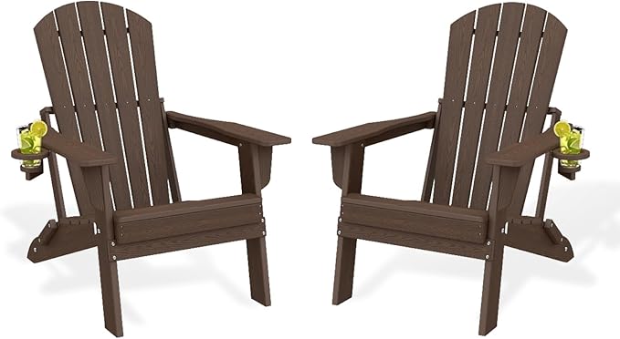Folding Adirondack Chair Set of 2, HDPE Outdoor Patio Chair with Cup Holder, All Weather Plastic Lawn Chair with Wide Armrests, Portable Patio Chair for Backyard Deck Garden Fire Pit Poolside, Coffee