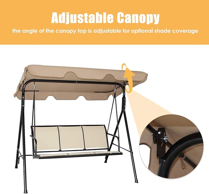 Tangkula 3 Person Patio Swing, Steel Frame with Polyester Angle Adjustable Canopy, All Weather Resistant Swing Bench - Photo 7