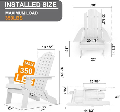 MXIMU Folding Adirondack Chair Set of 8 Weather Resistant Fire Pit Chairs Easy Assemble HIPS Plastic Outdoor Modern Adirondack Chairs for Patio, Lawn, Garden, Backyard, Deck(White)