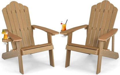 Giantex Outdoor Adirondack Chair - Oversized Patio Chairs w/Hidden Cup Holder, Realistic Wood Grain, 380 LBS Weight Capacity, Weather Resistant Firepit Chairs for Backyard, Garden (2, Teak)