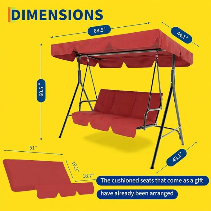 Outdoor Swing Chair with Adjustable Canopy - 3 Seat Glider Bench with Thickened Cushions for Patio, Garden, Backyard Red