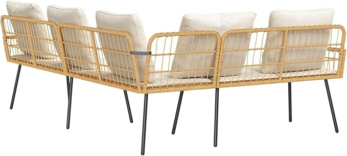 Modern Garden Sofa with Cushion Brown 61.5 x 123 x 82cm Metal Frame, L-Shaped Outdoor Furniture for Patio, Steel Framework with Poly Rattan Armrests, Single Bench Cushion,