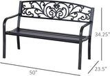 50" Outdoor Bench, Metal Garden Bench with Floral Pattern Backrest, Porch Bench with Slatted Seat for Park, Yard, Lawn - Photo 3