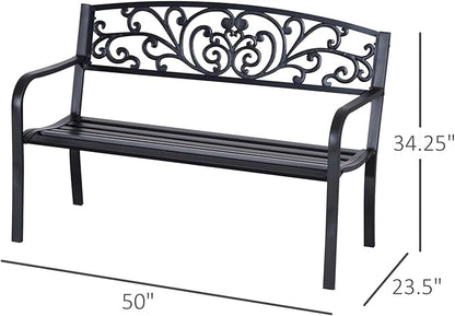 50" Outdoor Bench, Metal Garden Bench with Floral Pattern Backrest, Porch Bench with Slatted Seat for Park, Yard, Lawn, Black