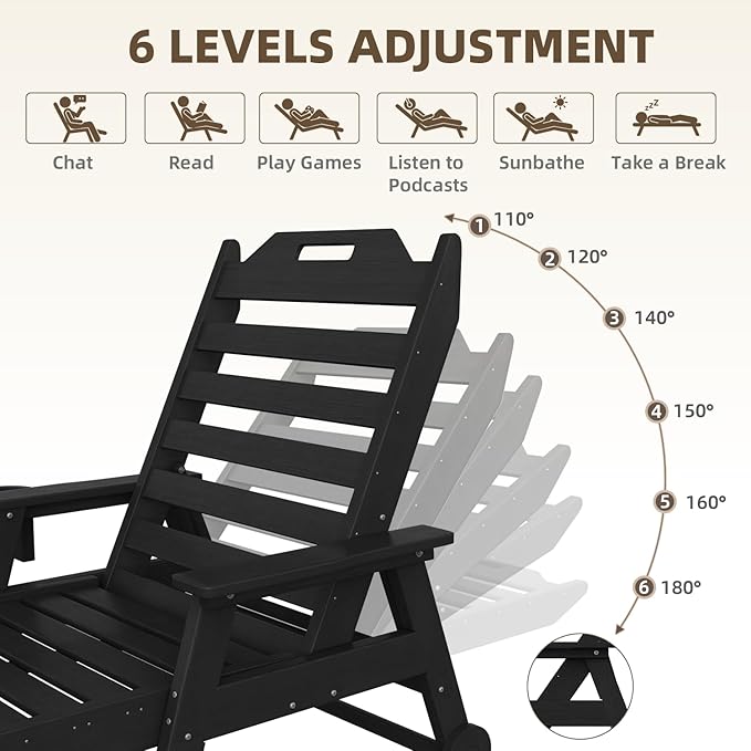 Mdeam 6-Position Lounge Chair Outdoor, 22" W Oversized Sun Tanning Chair, 500LBS Capacity, HDPE All-Weather Patio Lounge Chaise with Wheels Cup Holder for Pool Beach Backyard Lawn Deck, Black
