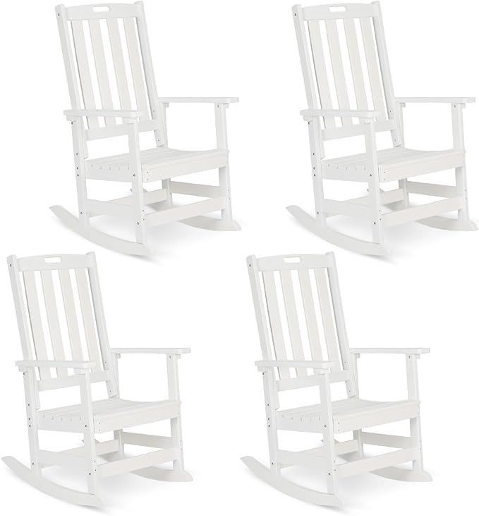 Aoodor Outdoor Rocking Chair, Ergonomic HDPE Rockers with All-Weather Design for Patio or Porch, Color White,Set of 4
