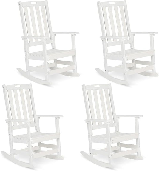Aoodor Outdoor Rocking Chair, Ergonomic HDPE Rockers with All-Weather Design for Patio or Porch, Color White,Set of 4