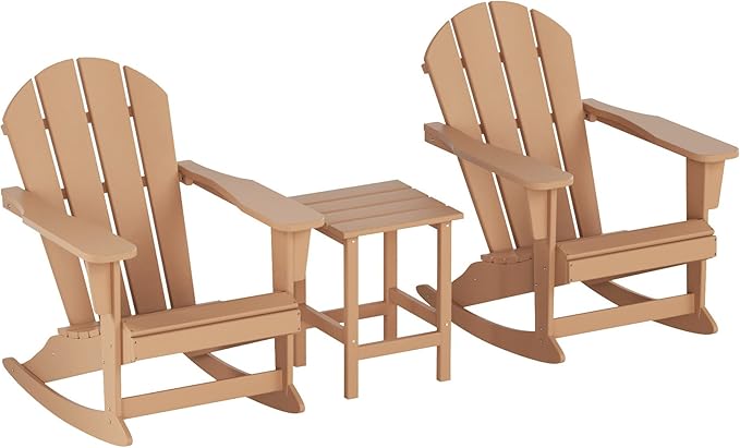WO WESTIN OUTDOOR HDPE Laguna Outdoor Rocking Poly Adirondack Chair with Side Table 3-Piece Set, Teak