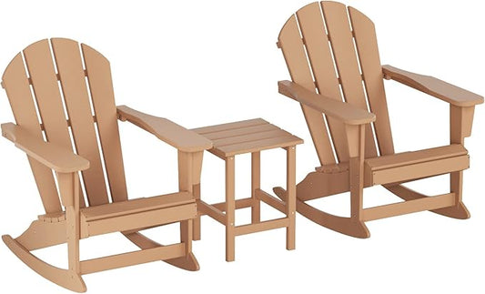 WO WESTIN OUTDOOR HDPE Laguna Outdoor Rocking Poly Adirondack Chair with Side Table 3-Piece Set, Teak