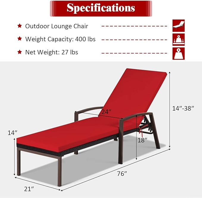 COSTWAY PE Rattan Lounge Chair Outdoor, Patio Wicker Chaise Lounge with 5-Position Adjustable Backrest - Photo 2