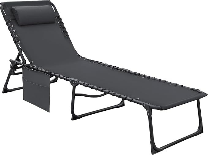 Flamaker Foldable Chaise Lounge Chair 5-Position Adjustable, Tanning Chair with Side Pocket, Outdoor Sunbathing for Pool - Photo 1