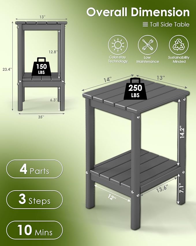 GREENVINES Tall-Outdoor-Side-Table | 23.5" | HDPE Plastic | Patio Adirondack End Tables | All Weather | 2-Tier | Grey | for Porch Garden Indoor & Rocking Chairs