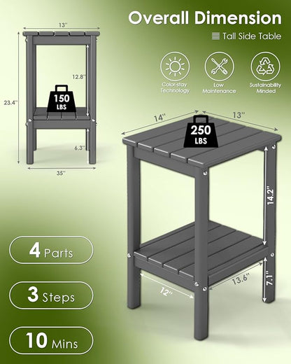 GREENVINES Tall-Outdoor-Side-Table Set of 2 | 23.5" | HDPE Plastic | Patio Adirondack End Tables | All Weather | 2-Tier | Grey | for Porch Garden Indoor & Rocking Chairs