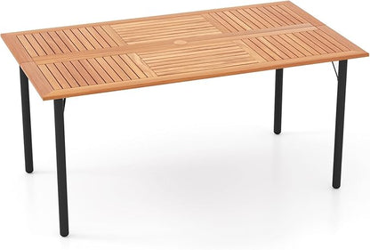 Tangkula 63" Acacia Wood Patio Dining Table for 6, Rectangular 6-Person Outdoor Dining Table with Metal Legs & Umbrella Hole, Indoor Outdoor Dining Furniture for Deck, Garden, Poolside & Backyard