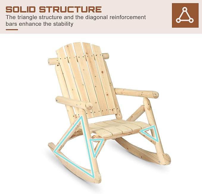 HOMEDIARY 3 Pieces Outdoor Wood Rocking Bistro Set, Adirondack Rocker Chair Set with 2 Rockers and 1 Coffee Table, Patio Wooden Conversation Set for Garden, High Fanned Back & Slatted Seat, Natural