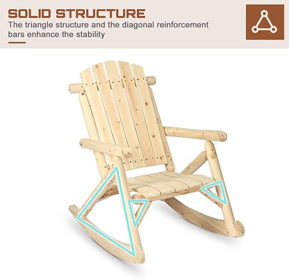 HOMEDIARY 3 Pieces Outdoor Wood Rocking Bistro Set, Adirondack Rocker Chair Set with 2 Rockers and 1 Coffee Table, Patio Wooden Conversation Set for Garden, High Fanned Back & Slatted Seat, Natural