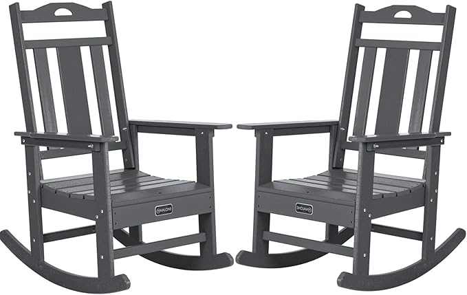 nalone Outdoor Rocking Chairs Set of 2, Oversized Porch Rocker Chair for Adult, All-Weather Resistant Patio Rocking Chair for Garden Lawn(Grey)