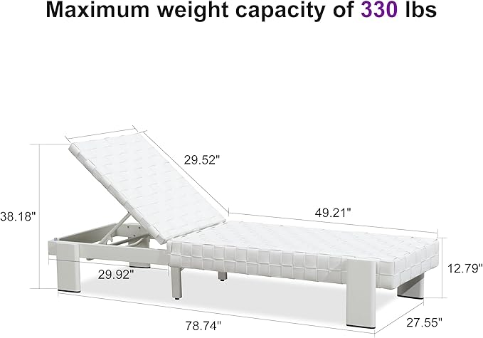 PURPLE LEAF Patio Lounge Chair Modern Luxury Outdoor Chaise Lounge 2 Pieces with Adjustable Backrest PU Leather Style Chaise Lounge Chairs for Pool Garden Backyard Beach, White