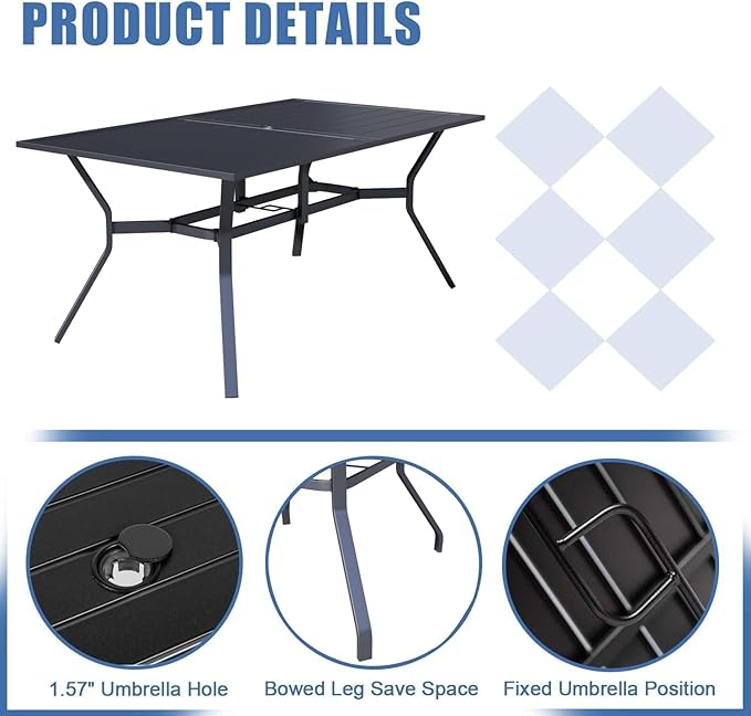 SOLAURA Outdoor Dining Table, 60" x 38" Patio Metal Steel Slat Table for 6-Person with 1.57" Umbrella Hole, for Gardens or Backyards, Black