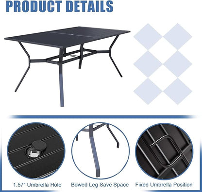 SOLAURA Outdoor Dining Table, 60" x 38" Patio Metal Steel Slat Table for 6-Person with 1.57" Umbrella Hole, for Gardens or Backyards, Black