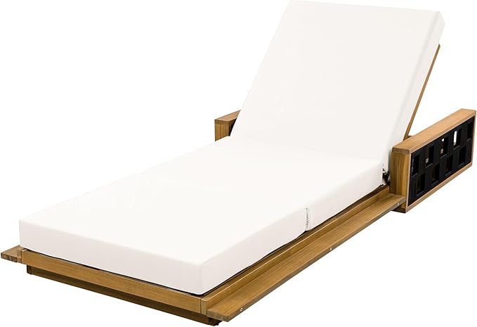 Merax Patio Chaise Lounge with 4-Position Adjustable Backrest, Acacia Wood Outdoor Sunbathing Recliner Chair & 4" Thick Triple-fold Cushion for Poolside, Garden, Backyard, Patio, Beige