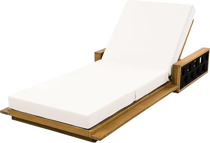 Merax Patio Chaise Lounge Set of 2, Acacia Wood Outdoor Reclining Chairs with 4-Position Adjustable Backrest, 2-Piece Sunbathing Recliner & 4" Thick Triple-fold Cushion for Poolside, Garden, Beige