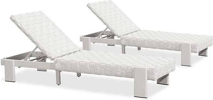 PURPLE LEAF Patio Lounge Chair Modern Luxury Outdoor Chaise Lounge 2 Pieces with Adjustable Backrest PU Leather Style Chaise Lounge Chairs for Pool Garden Backyard Beach, White
