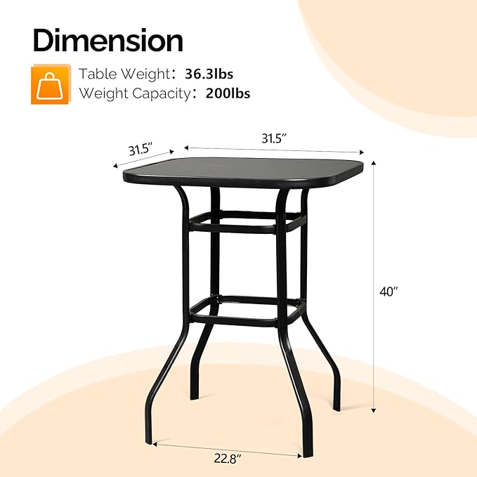 VINGLI 32" Outdoor Patio Bar Height Table, Square Tempered Glass Metal Table for Patio, Backyard - Photo 3