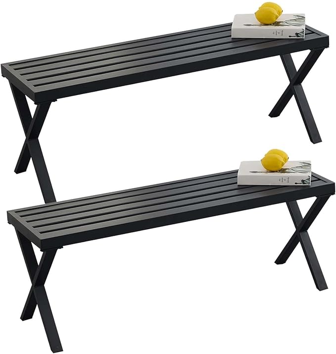 Backless Outdoor Bench Set of 2, Metal Patio Bench, Garden Bench for Front Porch, Backyard and Deck, Black