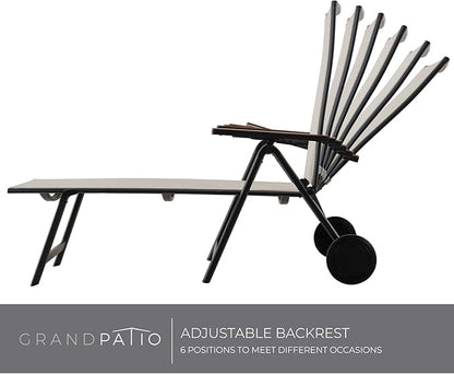 Grand patio Outdoor Chaise Lounge Chair with 6-Position Adjustable Sling Backrest, Aluminum Folding Portable Wood Grain Chair with Wheels for Beach, Backyard, Poolside, Lawn, White