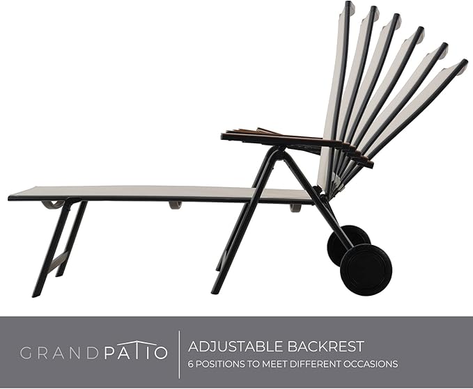 Grand patio Outdoor Chaise Lounge Chair Set of 2 with 6-Position Adjustable Sling Backrest, Aluminum Folding Portable Wood Grain Chair with Wheels for Beach, Backyard, Poolside, Lawn, White