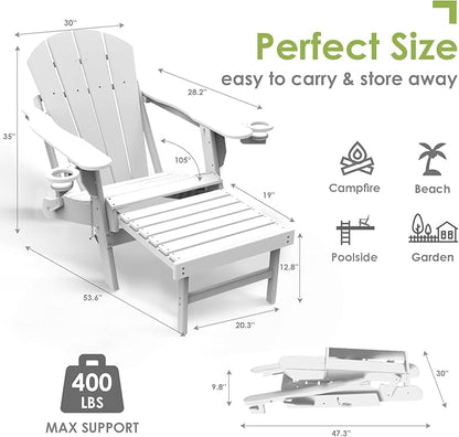 GREENVINES Adirondack-Chairs-with-Ottoman | Set of 6 | Folding | Retractable-Footrest | HDPE Plastic | All Weather Fire Pit Chair | Cup Holders | White | for Outdoor Poolside