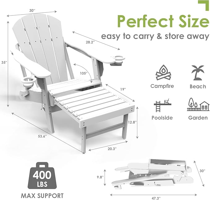 GREENVINES Adirondack-Chairs-with-Ottoman | Set of 2 | Folding | Retractable-Footrest | HDPE Plastic - Photo 2