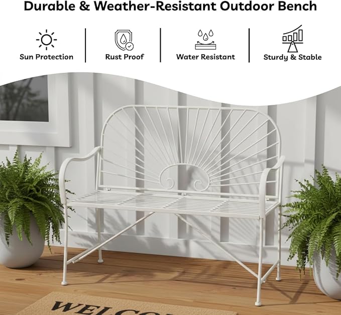 XBrand 44" L Iron Sun-Patterned Seat for Two, Patio & Porch Furniture for Park, Yard, Lawn, Balcony, Backyard – White - Photo 7