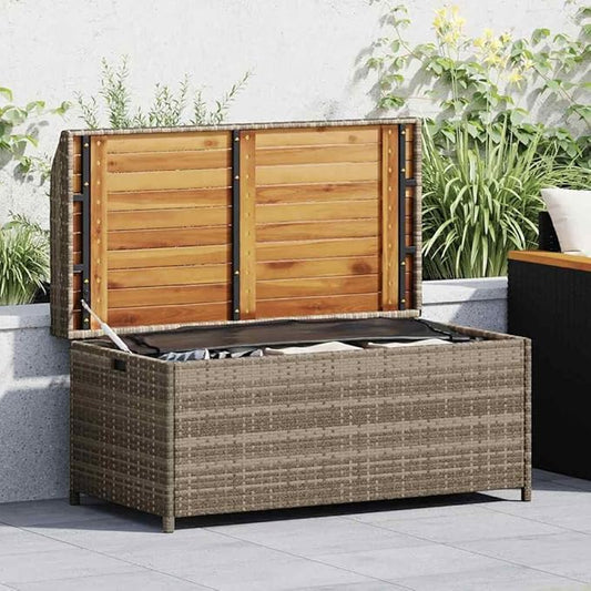 Storage Bench Grey and Brown with Gas Spring Lid and UV Resistant Materials, Modern Outdoor Indoor Seating with Ample Storage Capacity, Durable Poly Rattan and Acacia Wood