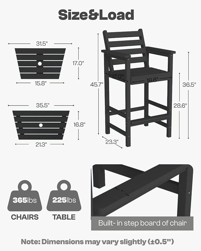 Tall Adirondack Chairs Set of 2, Bar Height HDPE Outdoor Chairs with Connecting Tray & Umbrella Hole, Balcony Patio Adirondack Chairs for Deck, Garden, Lawn,Black