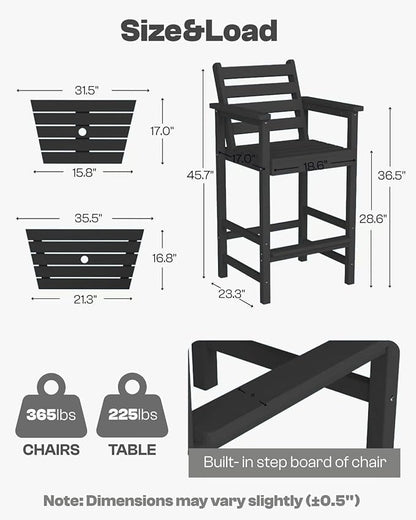 Tall Adirondack Chairs Set of 2, Bar Height HDPE Outdoor Chairs with Connecting Tray & Umbrella Hole, Balcony Patio Adirondack Chairs for Deck, Garden, Lawn,Black