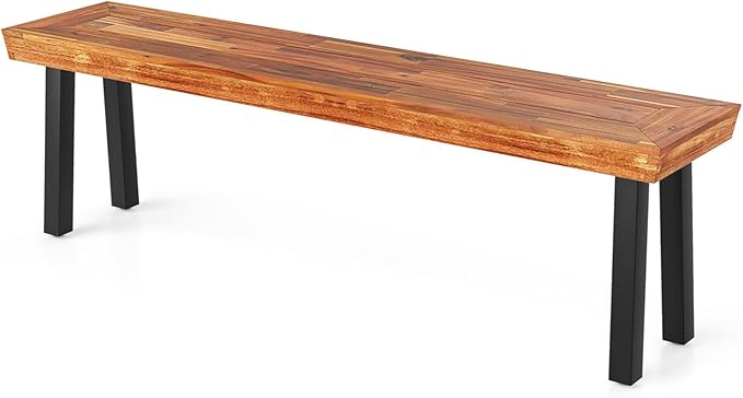 RELAX4LIFE 60’’ Outdoor Bench Acacia Wood, 3-Person Backless Patio Benches with Heavy Duty Metal Frame, Wooden Picnic Dining Garden Bench for Outside Backyard Park Porch, 800 LBS Weight Capacity