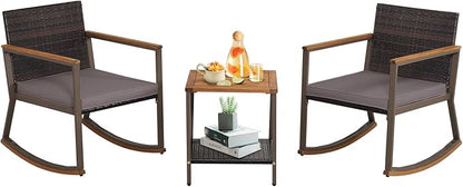 HAPPYGRILL 3-Piece PE Rattan Outdoor Rocking Chair Set with Coffee Table, Gentle & Smooth Rocking, Soft Seat Cushions, Ergonomic Design, Relaxing & Dining Conversation Set