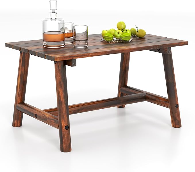 Tangkula Outdoor Coffee Table, Solid Wood Patio Desk with Slatted Tabletop - Photo 1