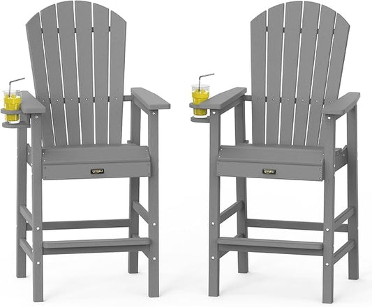 VINGLI Tall Adirondack Chairs Set of 2, All-Weather Plastic Adirondack Chair with Cup Holders, Heavy-Duty HDPE Outdoor Bar Stools for Patio, Balcony, Pool, Backyard (Gray, 2 PCS)