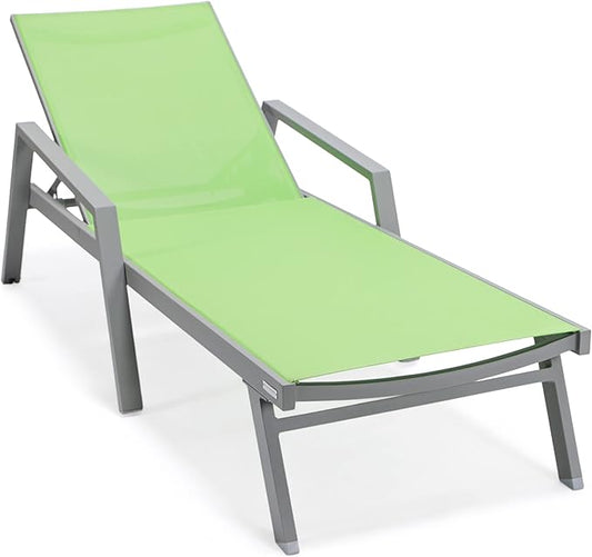 LeisureMod Marlin Patio Chaise Lounge Chair, Adjustable Outdoor Grey Aluminum Lounge with Breathable Mesh Sling Back, Lightweight Poolside Reclining Sun Lounger Weather & UV Resistant (Green)