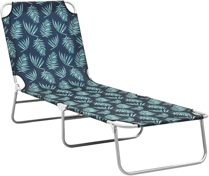 Folding Sun Lounger 74.4"x22.8", Polyester, 264.6 lbs, Steel Frame, Leaves Print, No-Assembly, Beach/Patio/Garden/Camping