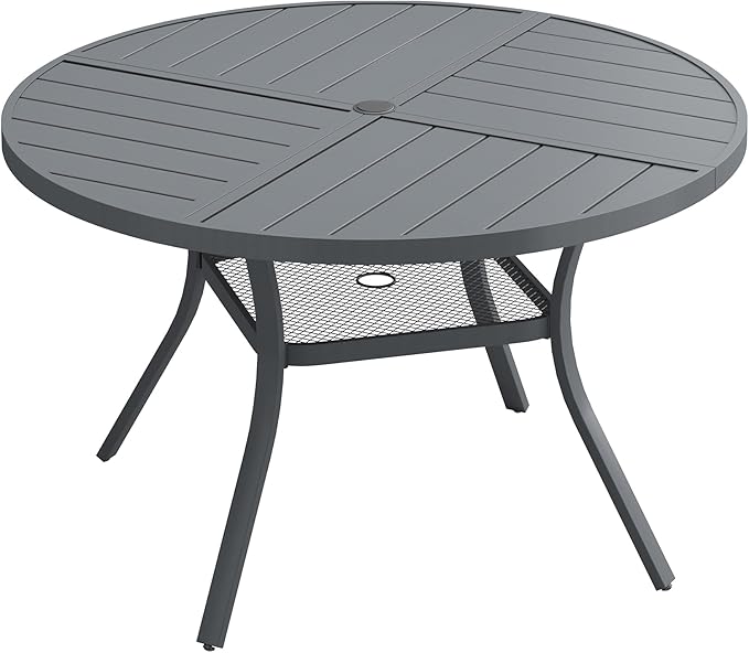 Patio Dining Table for 4, Round Metal Outdoor Table with Storage Shelf, 1.57" Umbrella Hole, 41" Outdoor Quartered Tabletop Dining Table for Backyard, Porch, Lawn, Dark Grey