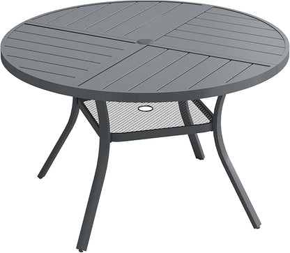 Patio Dining Table for 4, Round Metal Outdoor Table with Storage Shelf, 1.57" Umbrella Hole, 41" Outdoor Quartered Tabletop Dining Table for Backyard, Porch, Lawn, Dark Grey