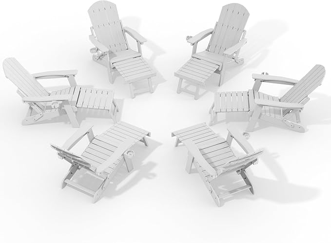 YEFU Adjustable Adirondack Chair with Retractable Ottoman Set of 6,Folding Adirondack Chair with Cup-Holder, Outdoor Chairs with Footrest,Weather Resistant Fire Pit Chairs,for Patio Lawn
